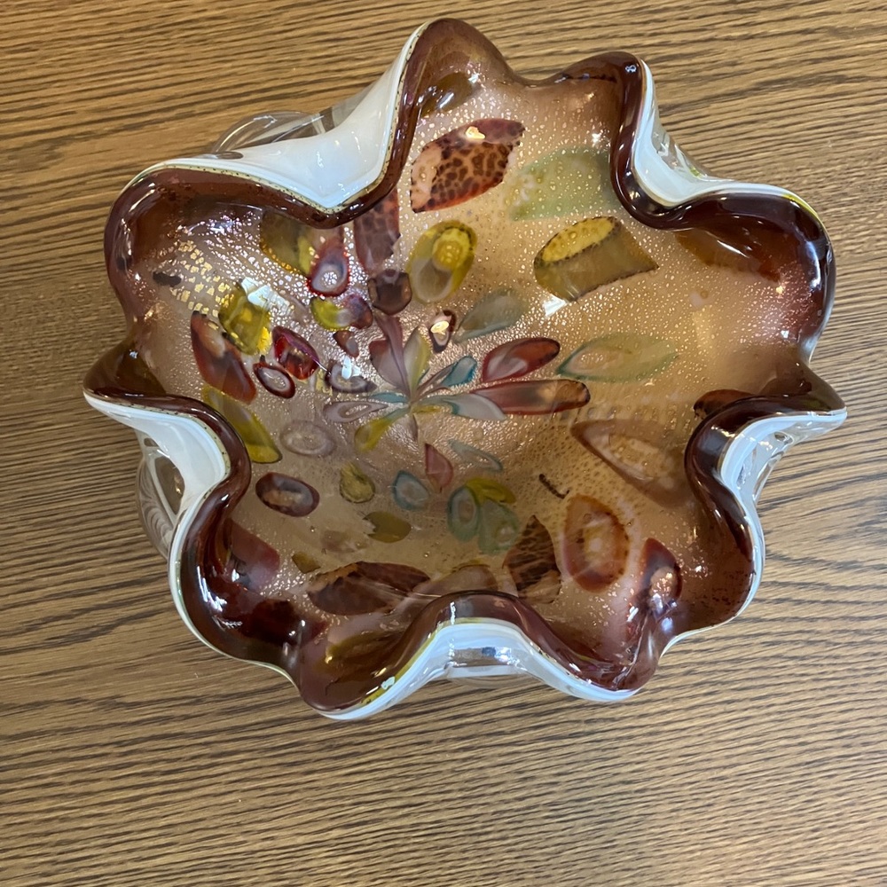 Murano Italy “Tutti-frutti” MCM Art Glass Bowl Multi-colored With Gold Flecks